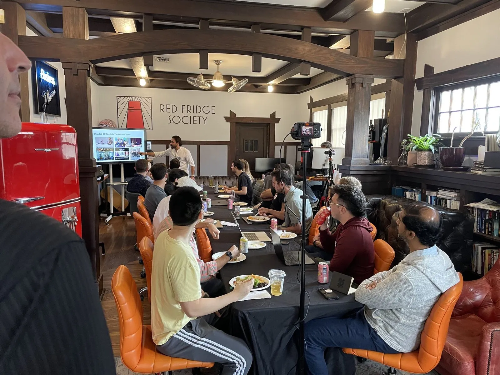 Moby presenting to a table of founders at Red Fridge Society